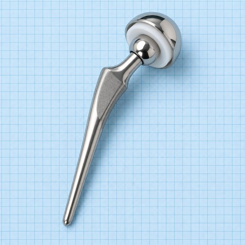 Bipolar Hip Prosthesis: orthopaedic implant on a light-blue graph-paper background