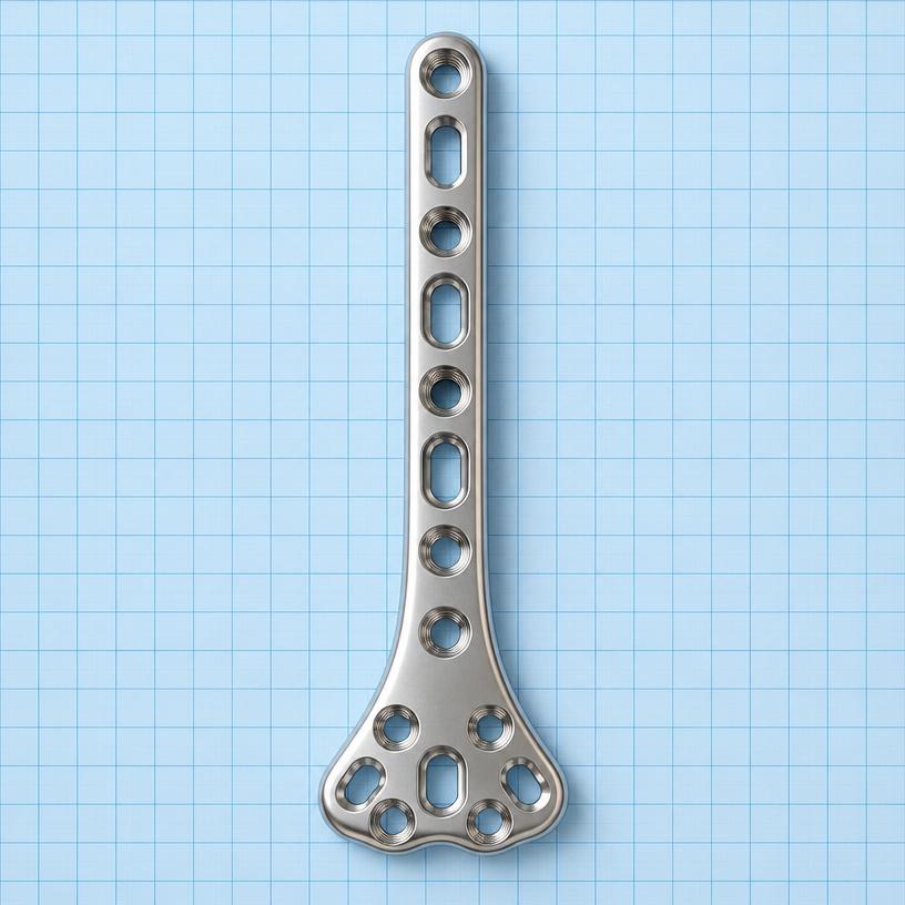 Distal Tibia Plate — Medial: orthopaedic implant on a light-blue graph-paper background