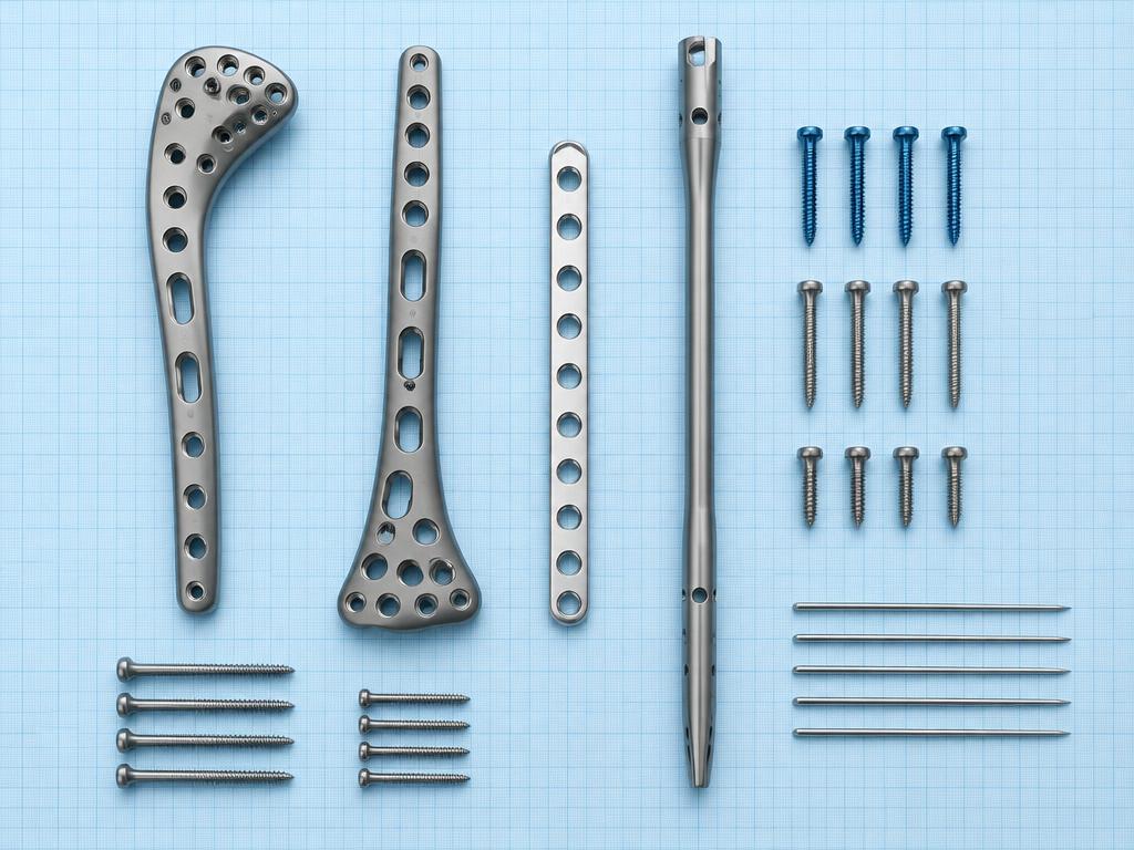 Orthopaedic plates, intramedullary nail, screws and Kirschner wires laid out on graph paper