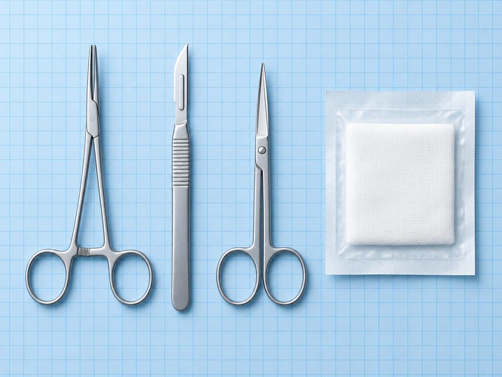 Surgical forceps, scalpel, scissors and sterile gauze on a blue grid